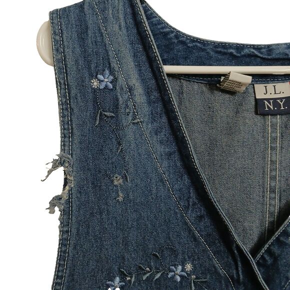 J.L.N.Y Women's 1X Denim Jumper Overall Dress Front Buttons Pockets Embroidered - Picture 3 of 10